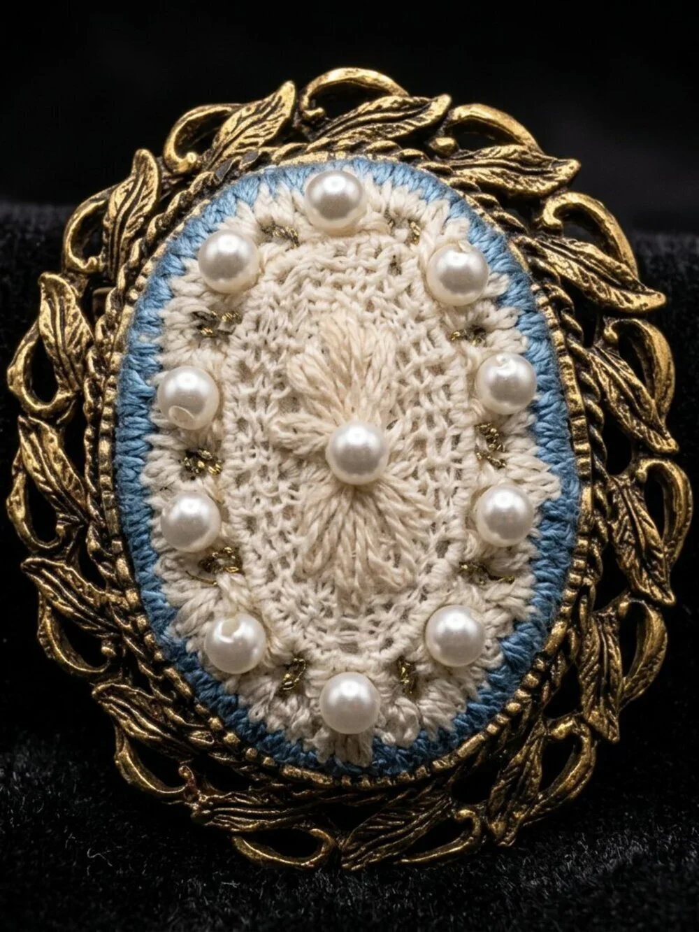 Vintage Gold Tone Crochet & Faux Pearl Oval Brooch | Victorian Revival